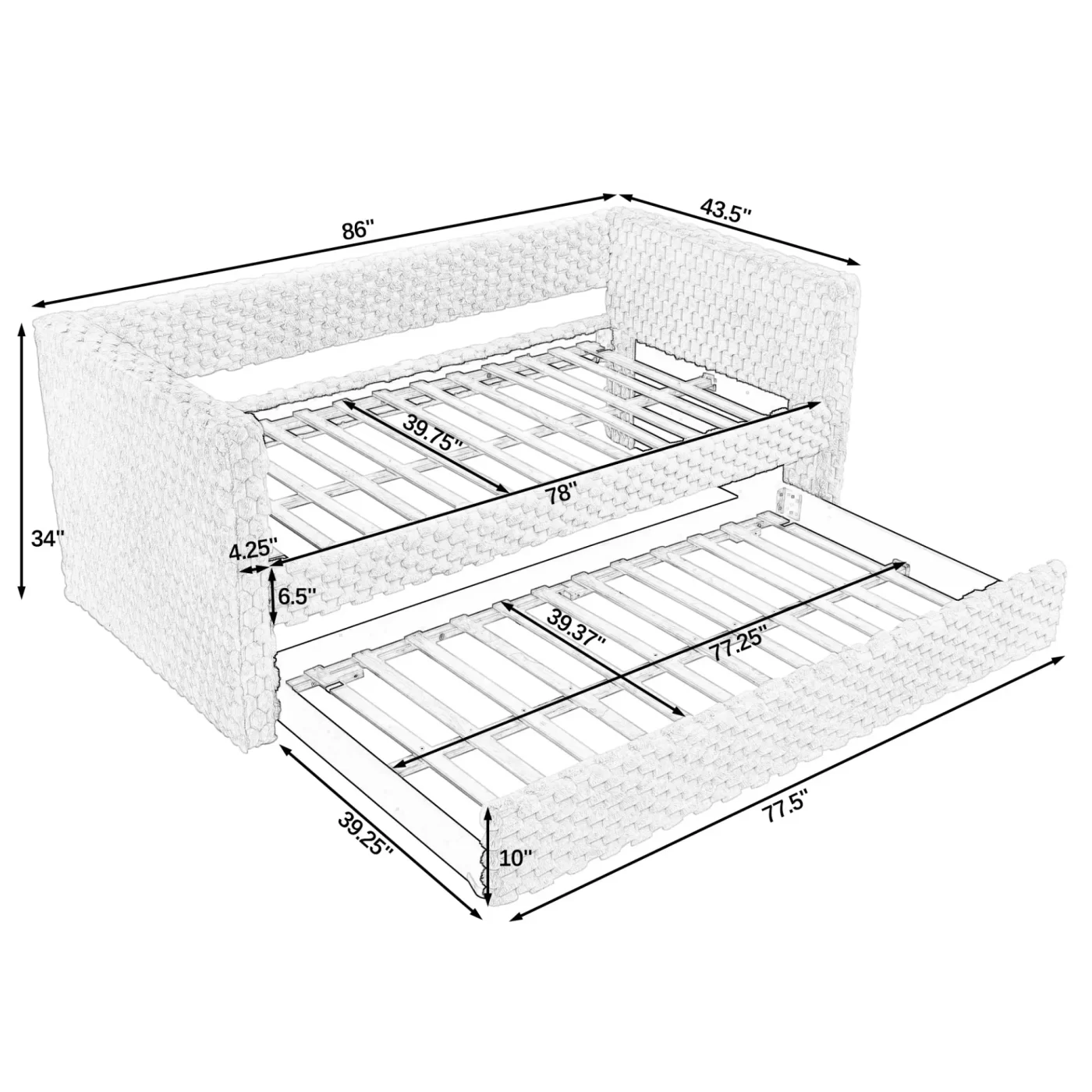 Twin Size Daybed, Upholstered sofa bed,The bottom pulls out to form a bed ,Plaid corduroy fabric- beige(86'*43.5'*34')