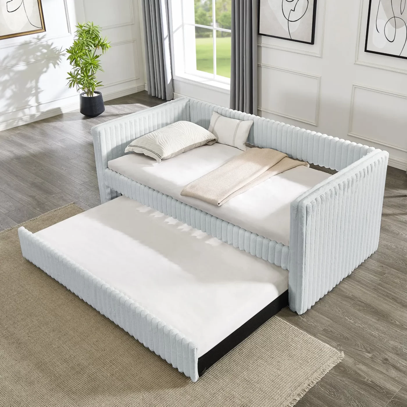 Twin Size Daybed, Upholstered sofa bed,The bottom pulls out to form a bed ,Striped corduroy fabric- Light grey(86'*43.5'*34')