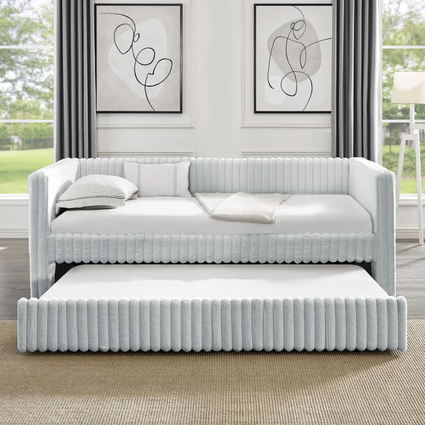 Twin Size Daybed, Upholstered sofa bed,The bottom pulls out to form a bed ,Striped corduroy fabric- Light grey(86'*43.5'*34')