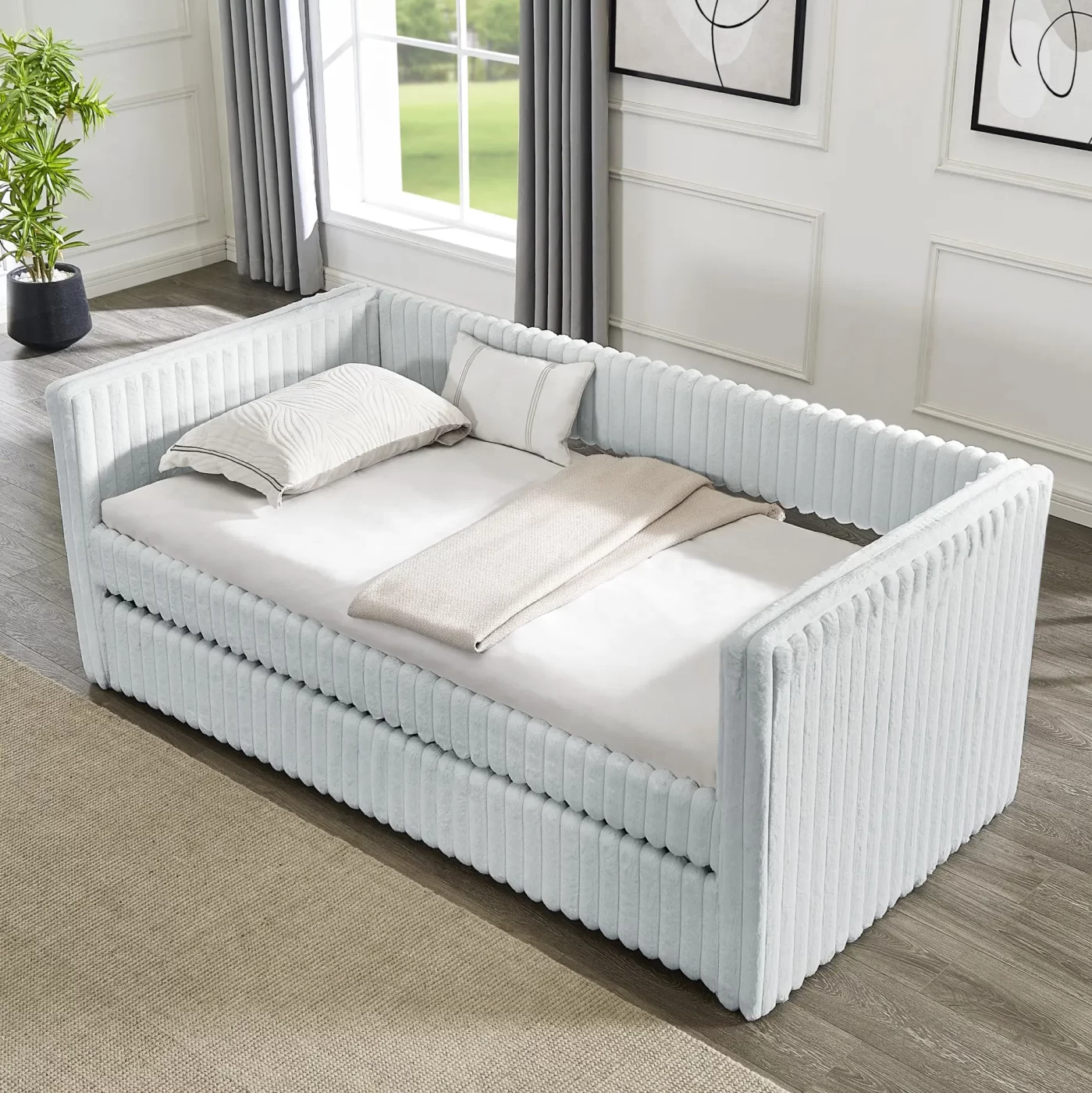 Twin Size Daybed, Upholstered sofa bed,The bottom pulls out to form a bed ,Striped corduroy fabric- Light grey(86'*43.5'*34')
