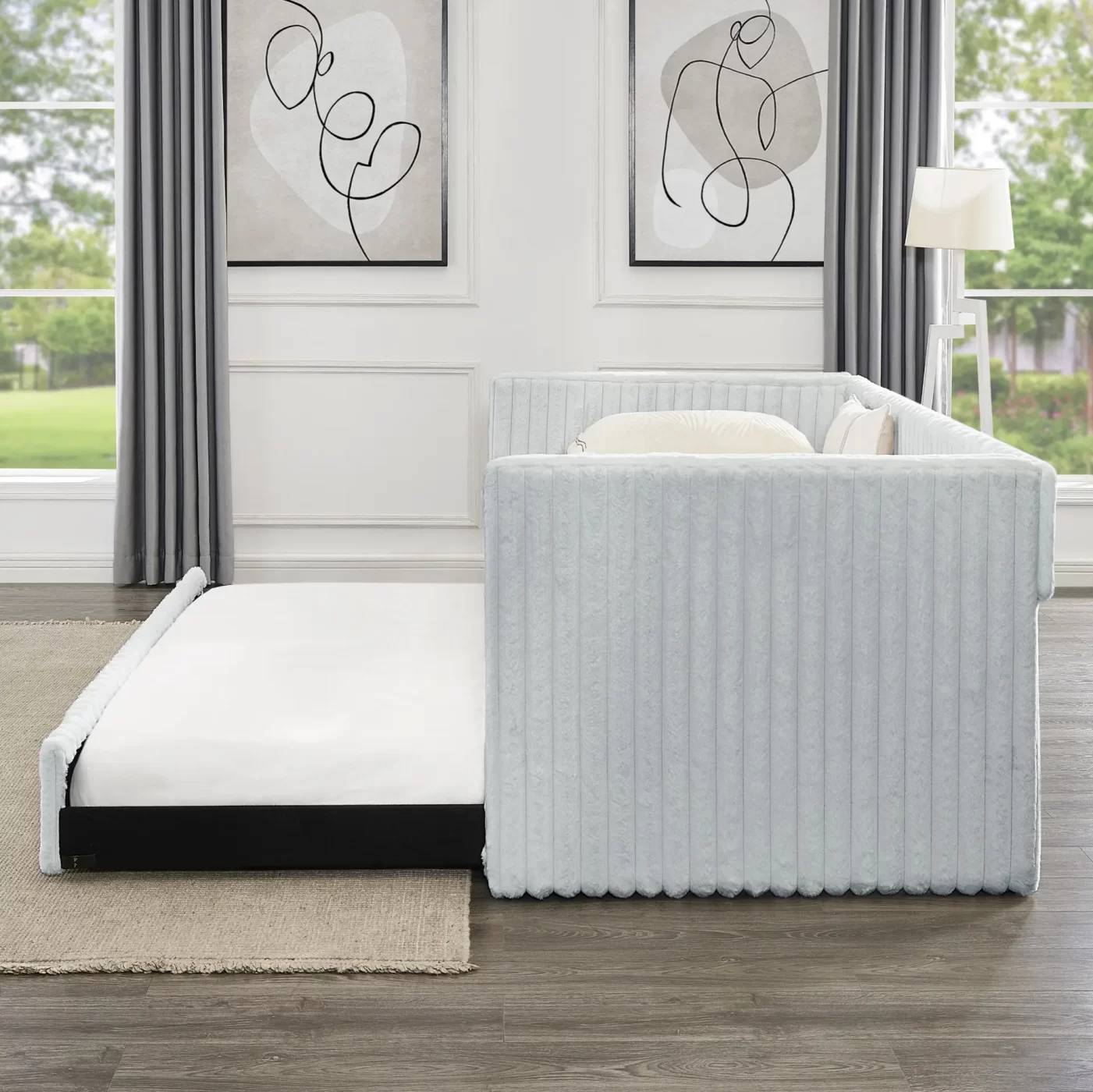 Twin Size Daybed, Upholstered sofa bed,The bottom pulls out to form a bed ,Striped corduroy fabric- Light grey(86'*43.5'*34')