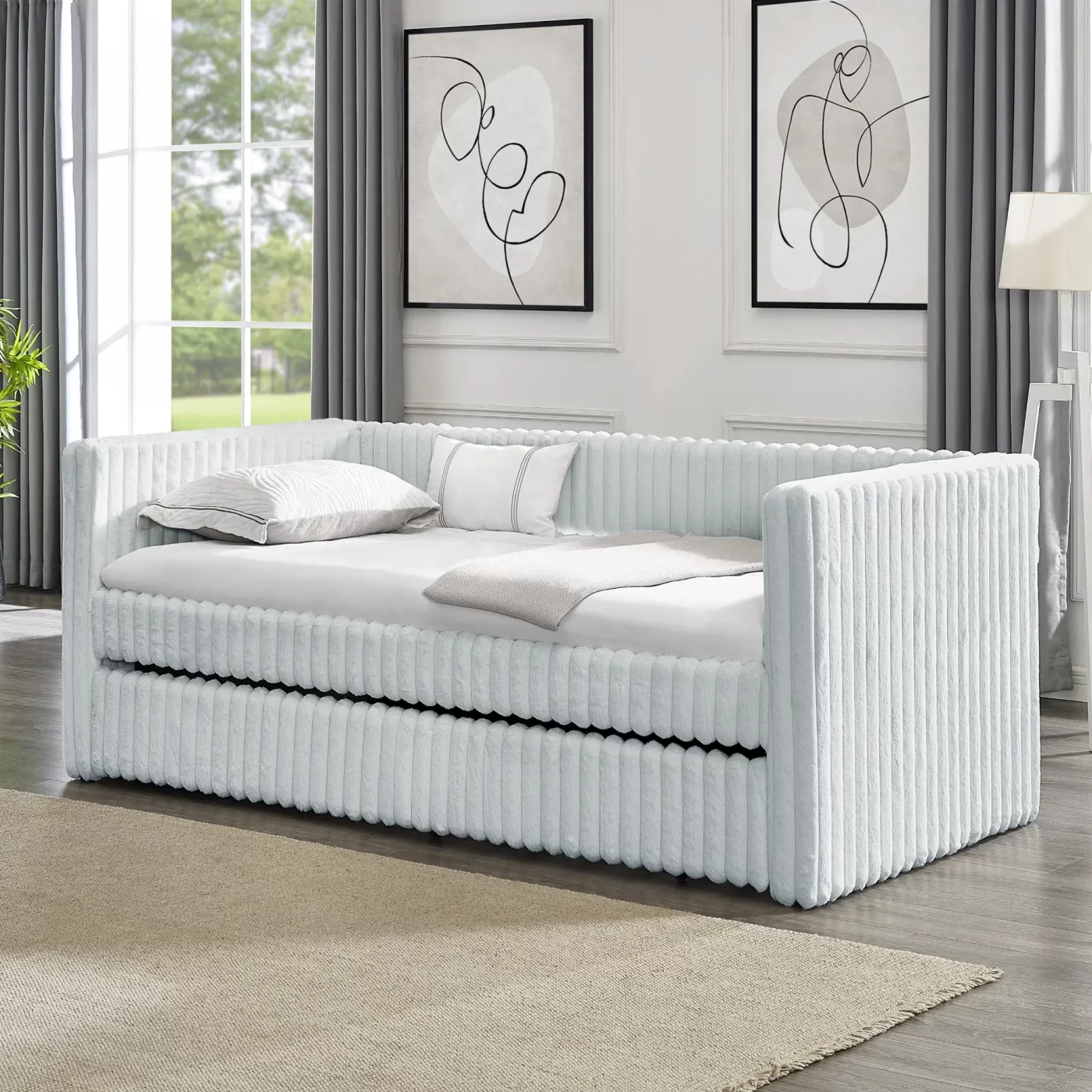 Twin Size Daybed, Upholstered sofa bed,The bottom pulls out to form a bed ,Striped corduroy fabric- Light grey(86'*43.5'*34')