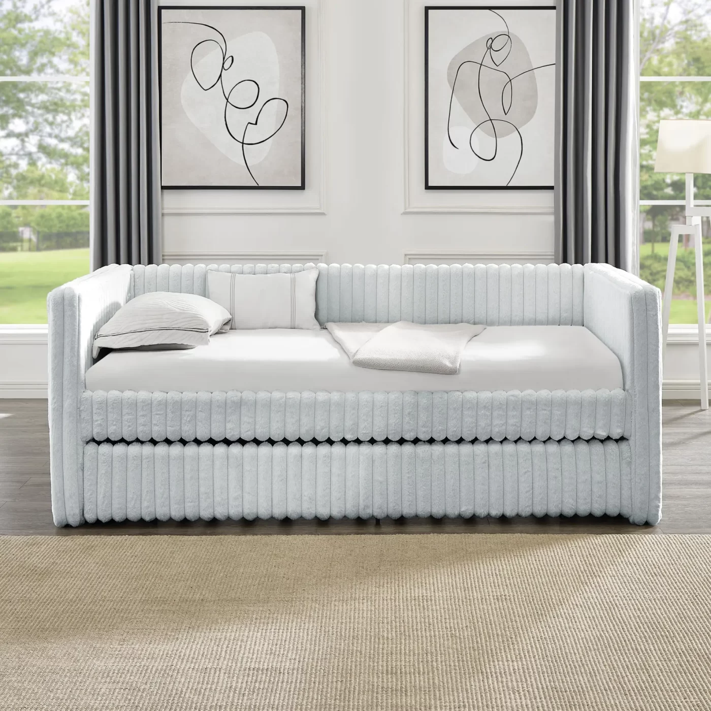 Twin Size Daybed, Upholstered sofa bed,The bottom pulls out to form a bed ,Striped corduroy fabric- Light grey(86'*43.5'*34')