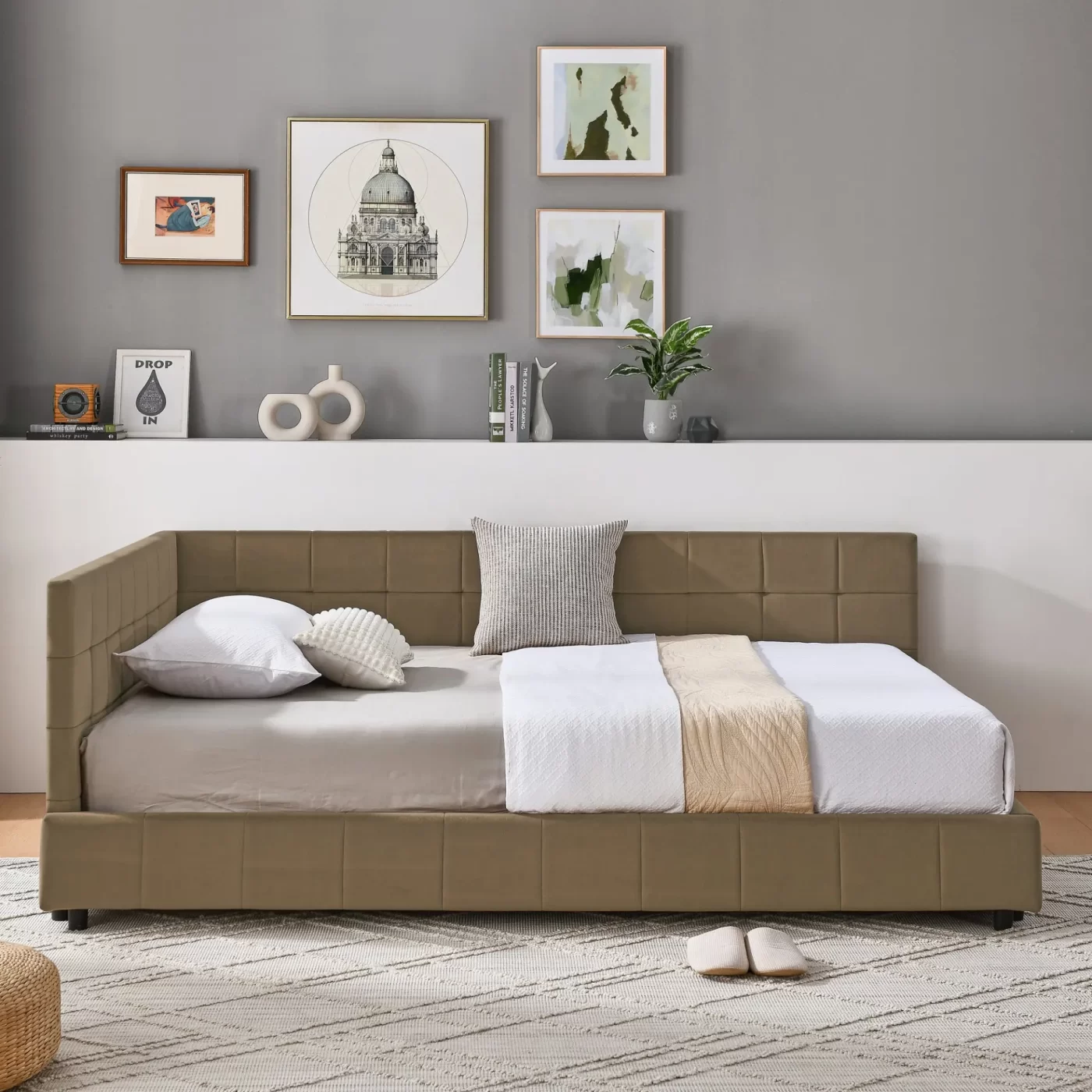 Full Size Upholstered Tufted Bed Frame, Sofa Bed Frame with Comfortable Backrest and Armrests, Full Size Bed for Bedroom, Living Room,Velvet, BROWN(80.5''*59''*30.5'')