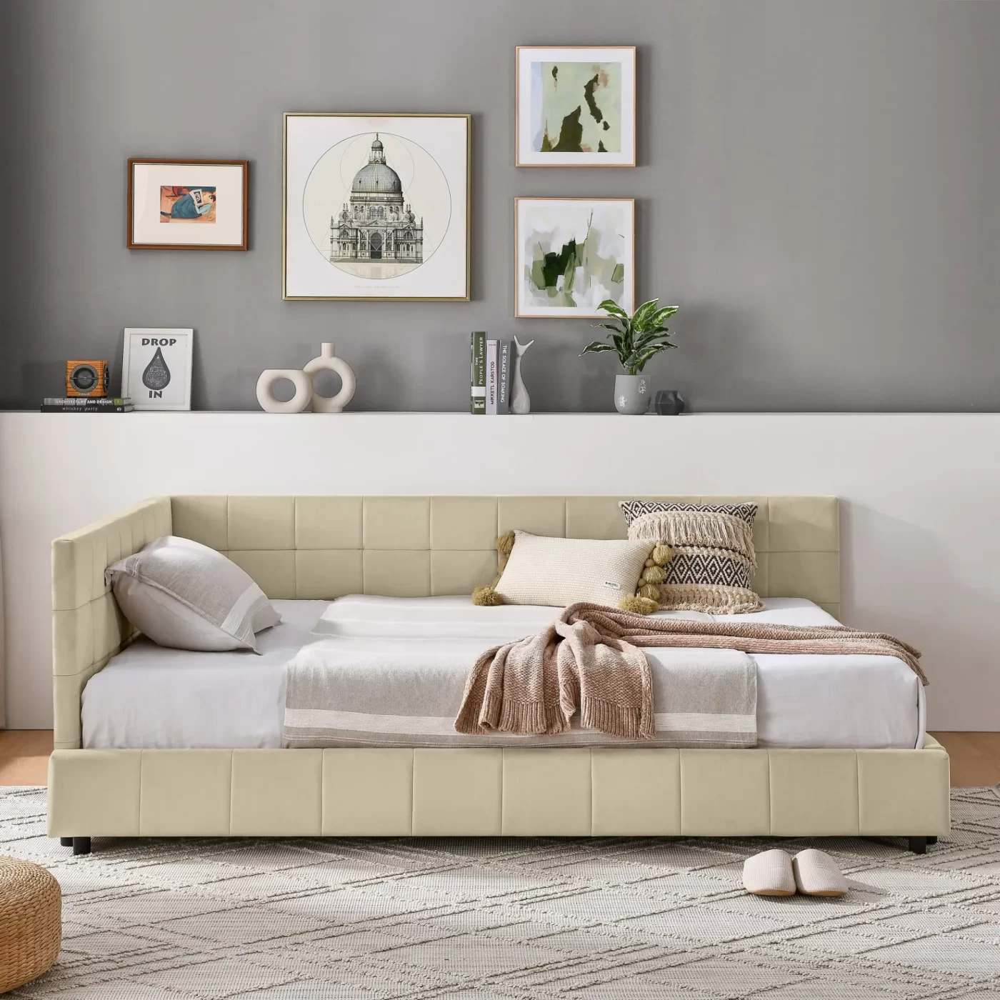 Full Size Upholstered Tufted Bed Frame, Sofa Bed Frame with Comfortable Backrest and Armrests, Full Size Bed for Bedroom, Living Room,Velvet, NEW BEIGE(80.5''*59''*30.5'')