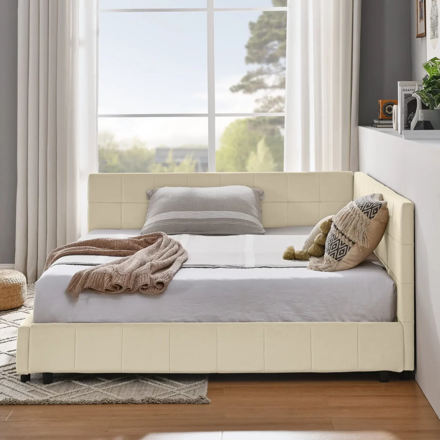 Full Size Upholstered Tufted Bed Frame, Sofa Bed Frame with Comfortable Backrest and Armrests, Full Size Bed for Bedroom, Living Room,Velvet, NEW BEIGE(80.5''*59''*30.5'')
