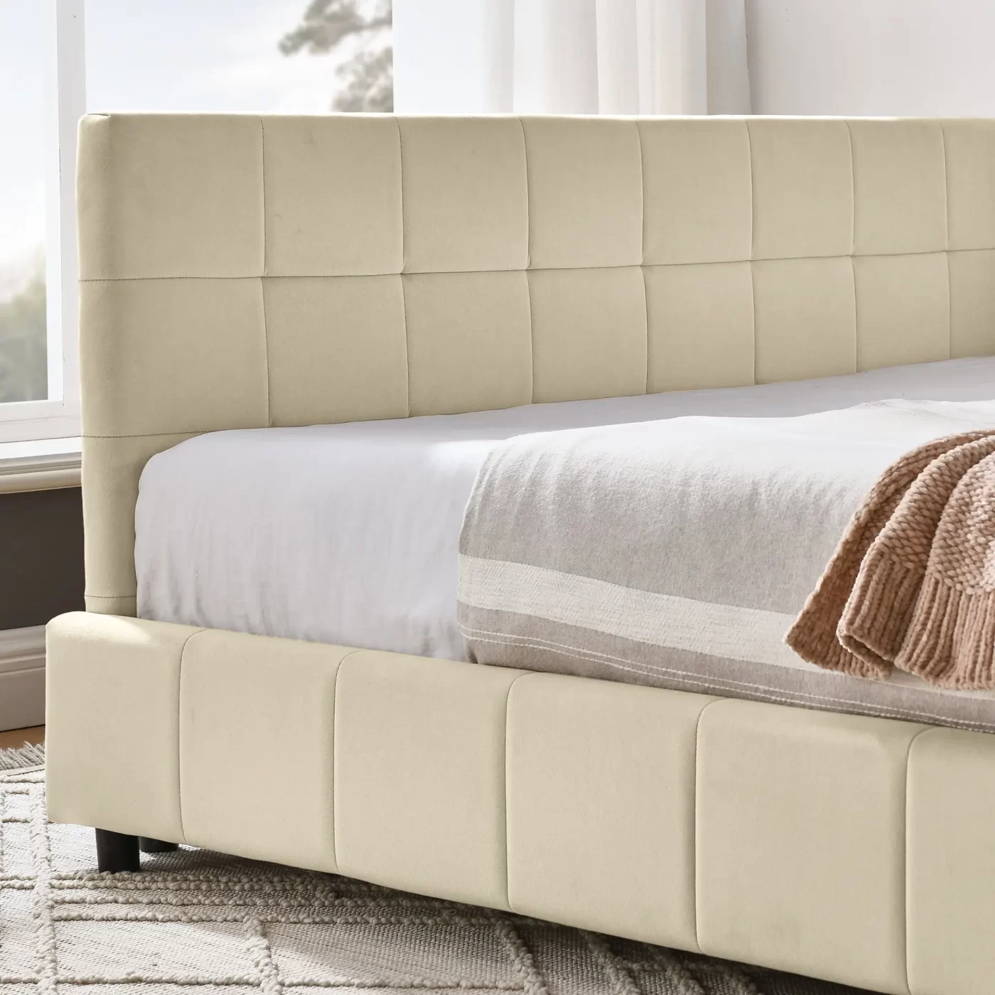 Full Size Upholstered Tufted Bed Frame, Sofa Bed Frame with Comfortable Backrest and Armrests, Full Size Bed for Bedroom, Living Room,Velvet, NEW BEIGE(80.5''*59''*30.5'')