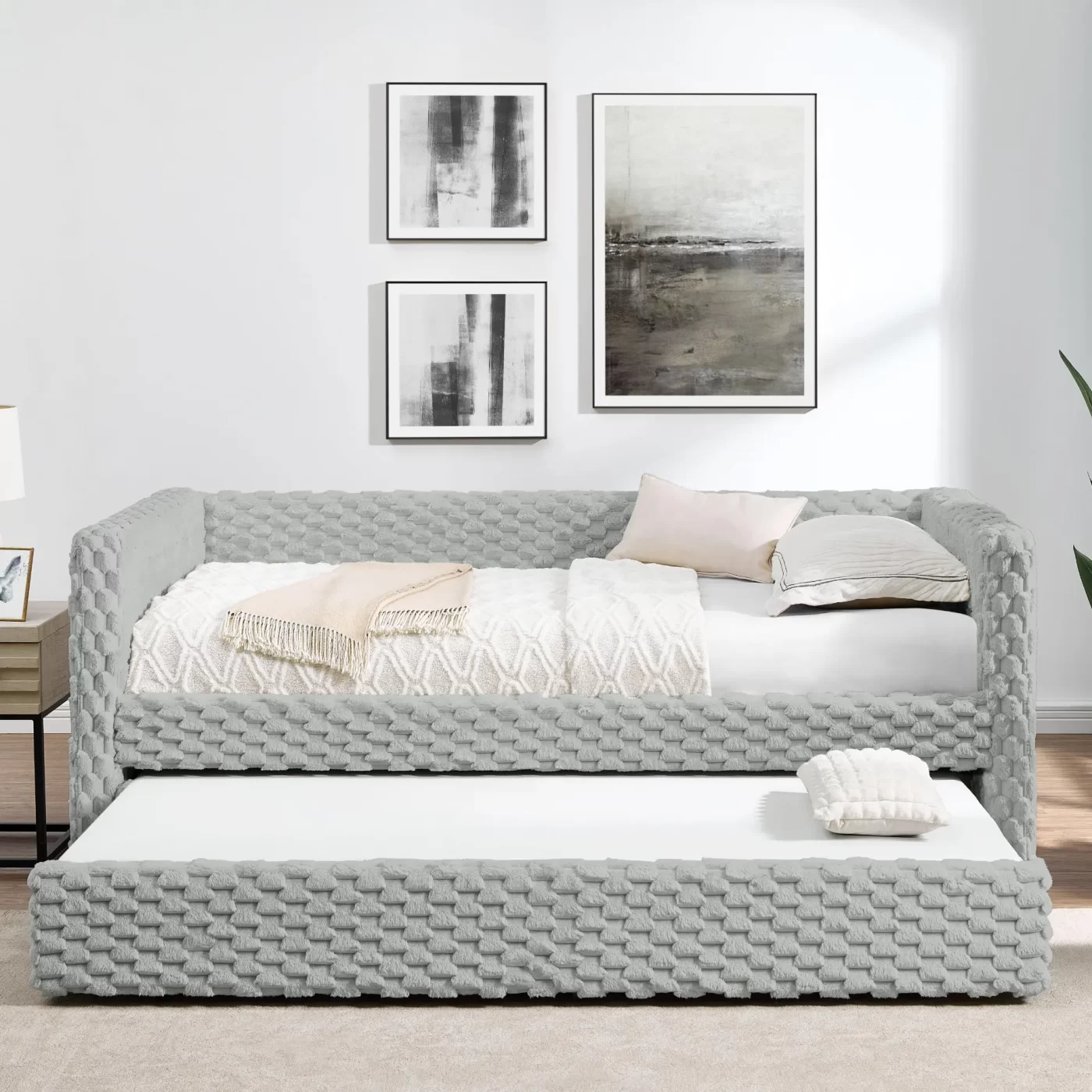 Twin Size Daybed, Upholstered sofa bed,The bottom pulls out to form a bed ,Plaid corduroy fabric- Dark grey(86'*43.5'*34')