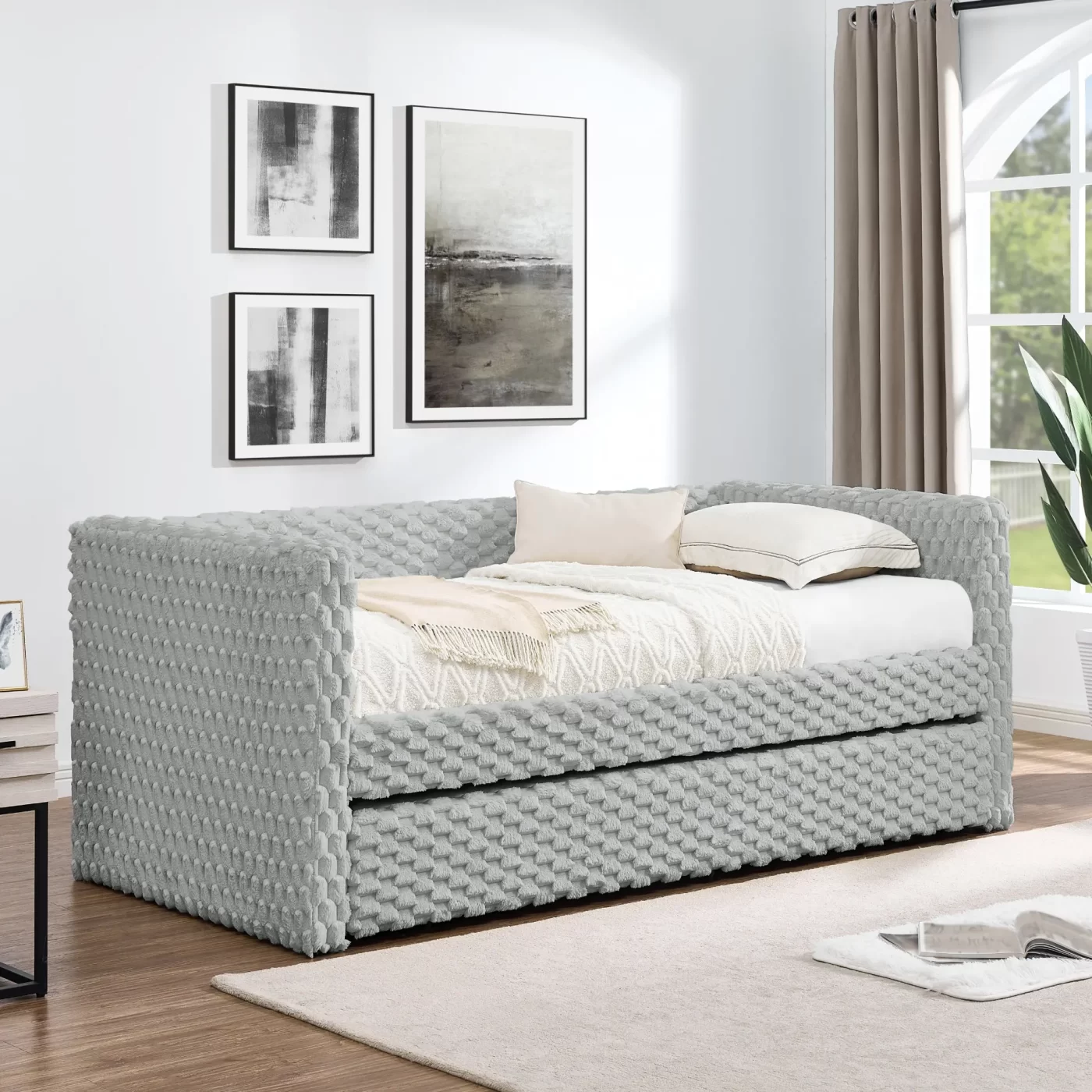 Twin Size Daybed, Upholstered sofa bed,The bottom pulls out to form a bed ,Plaid corduroy fabric- Dark grey(86'*43.5'*34')