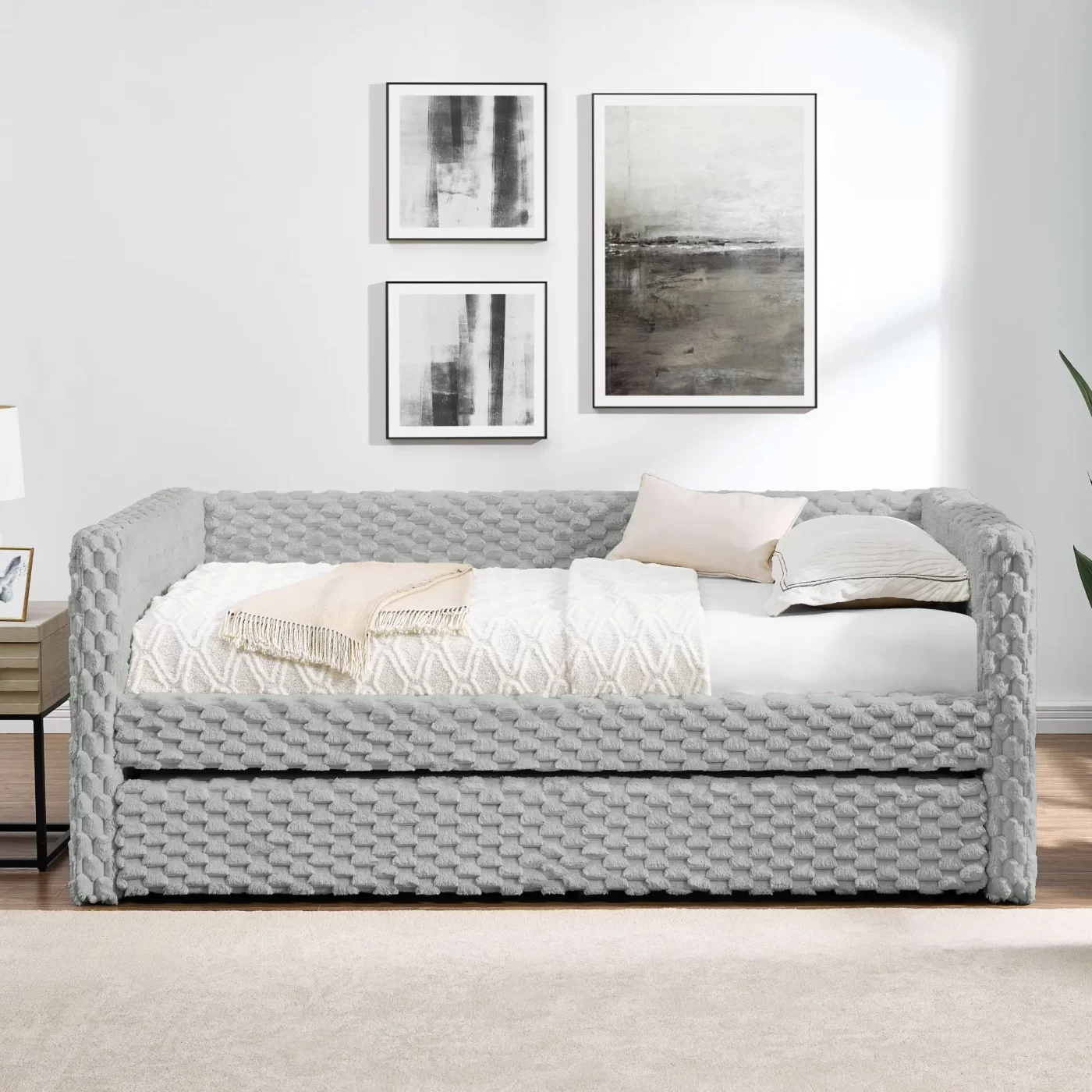 Twin Size Daybed, Upholstered sofa bed,The bottom pulls out to form a bed ,Plaid corduroy fabric- Dark grey(86'*43.5'*34')