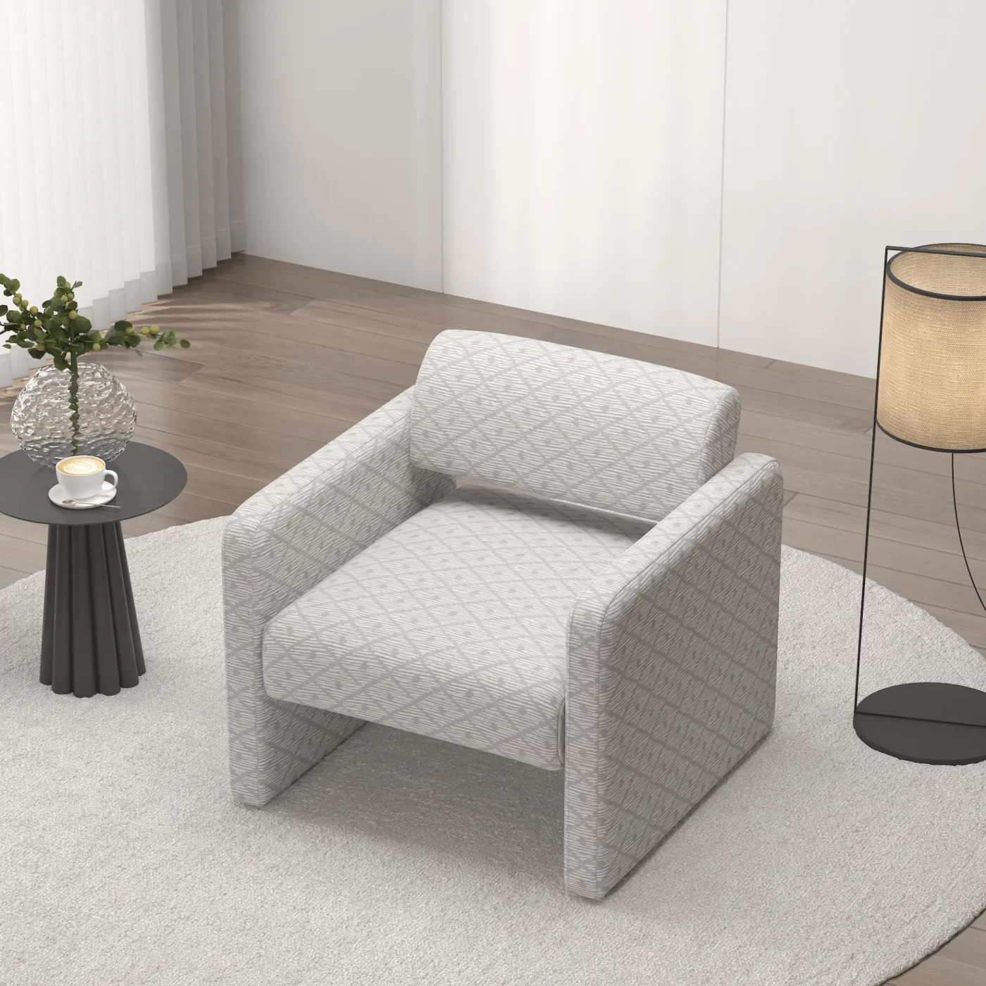 Beige grid single sofa chair, upholstered comfortable chair with armrests, for dining room/bedroom/living room/reception - Beige grid (30.9'*30.51'*30.11')