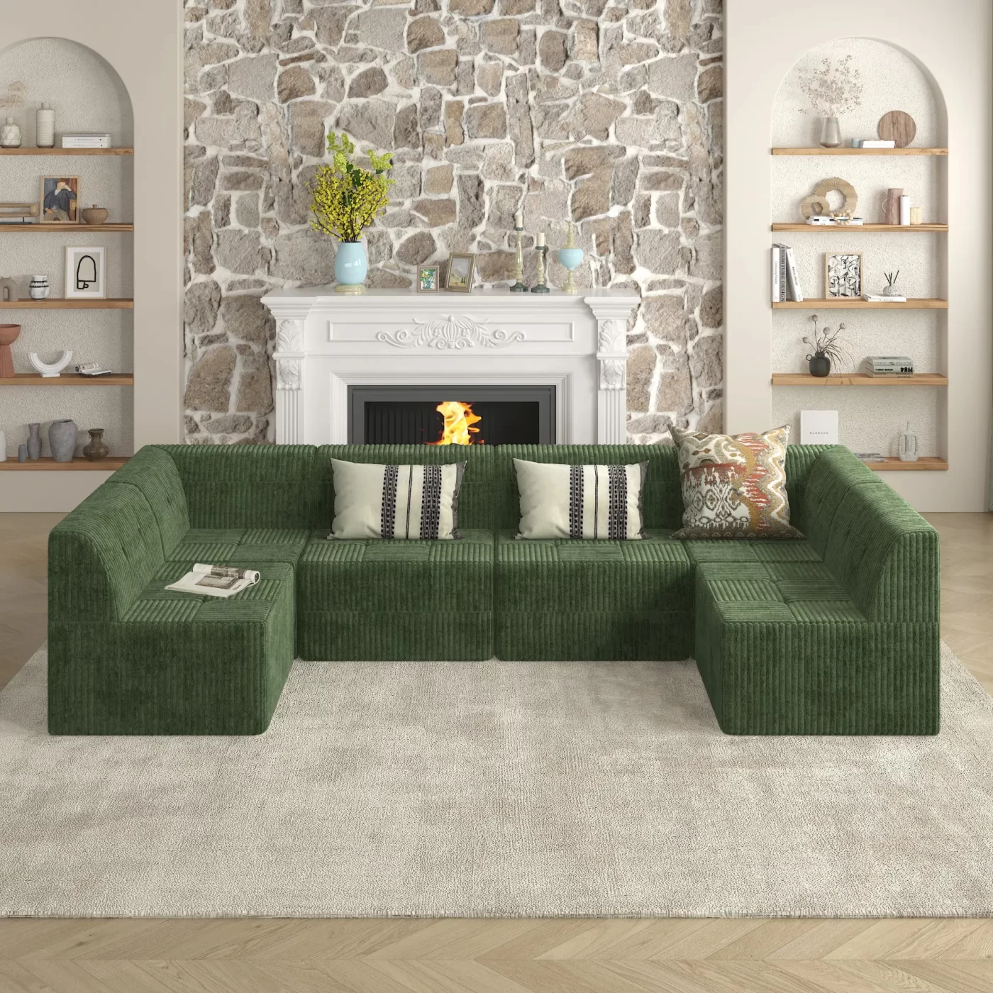 U shape Modular Sectional Sofa, Compressed Sectional Sofa Modern Minimalist Style Corduroy Couch, Sleeper Sofa for Living Room, Bedroom, Comfy Compressed Sofa Couch Space-Efficient Design-GREEN