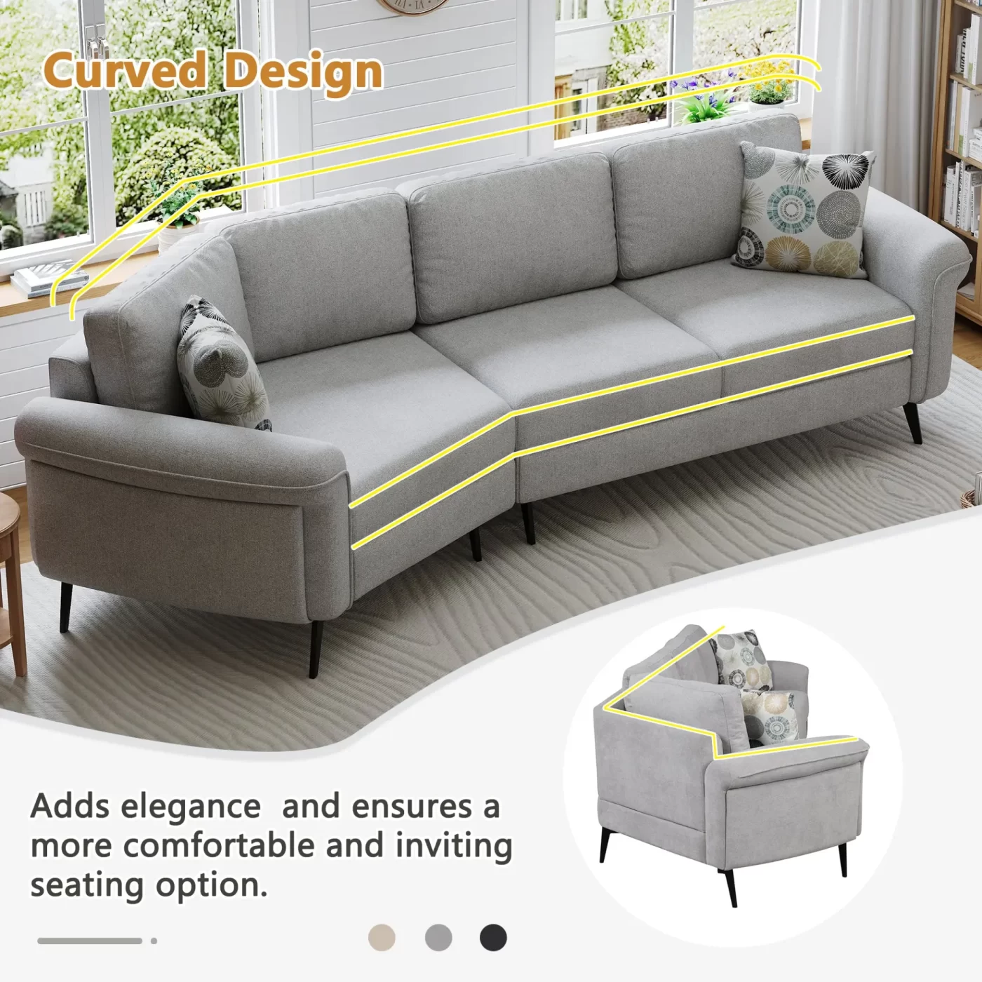 111' Upholstered 3-seater Sofa Curved Sofa Couch with Two Printed Pillows for Living Room, Gray