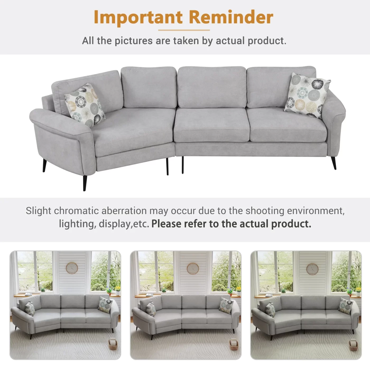 111' Upholstered 3-seater Sofa Curved Sofa Couch with Two Printed Pillows for Living Room, Gray