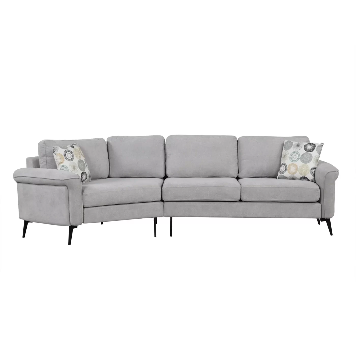 111' Upholstered 3-seater Sofa Curved Sofa Couch with Two Printed Pillows for Living Room, Gray