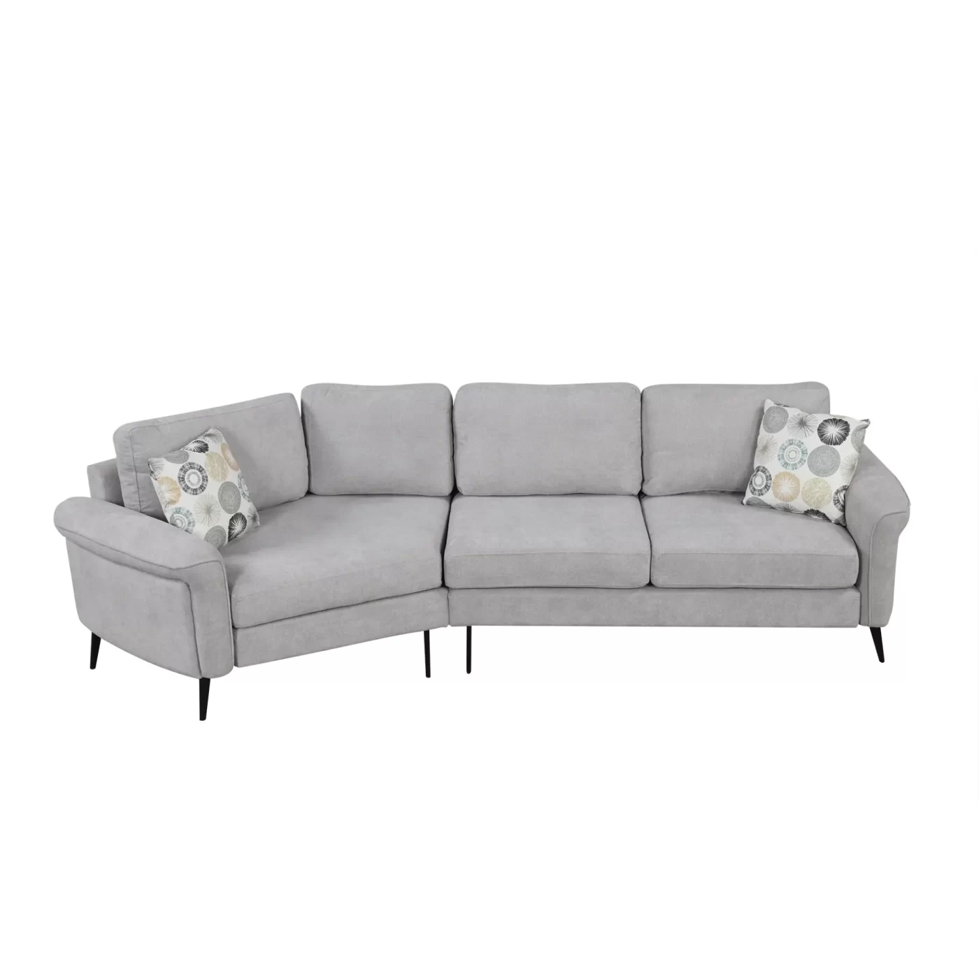111' Upholstered 3-seater Sofa Curved Sofa Couch with Two Printed Pillows for Living Room, Gray
