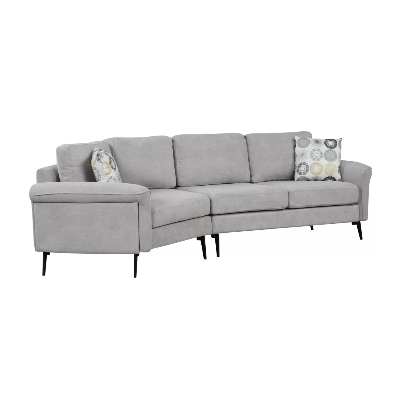 111' Upholstered 3-seater Sofa Curved Sofa Couch with Two Printed Pillows for Living Room, Gray