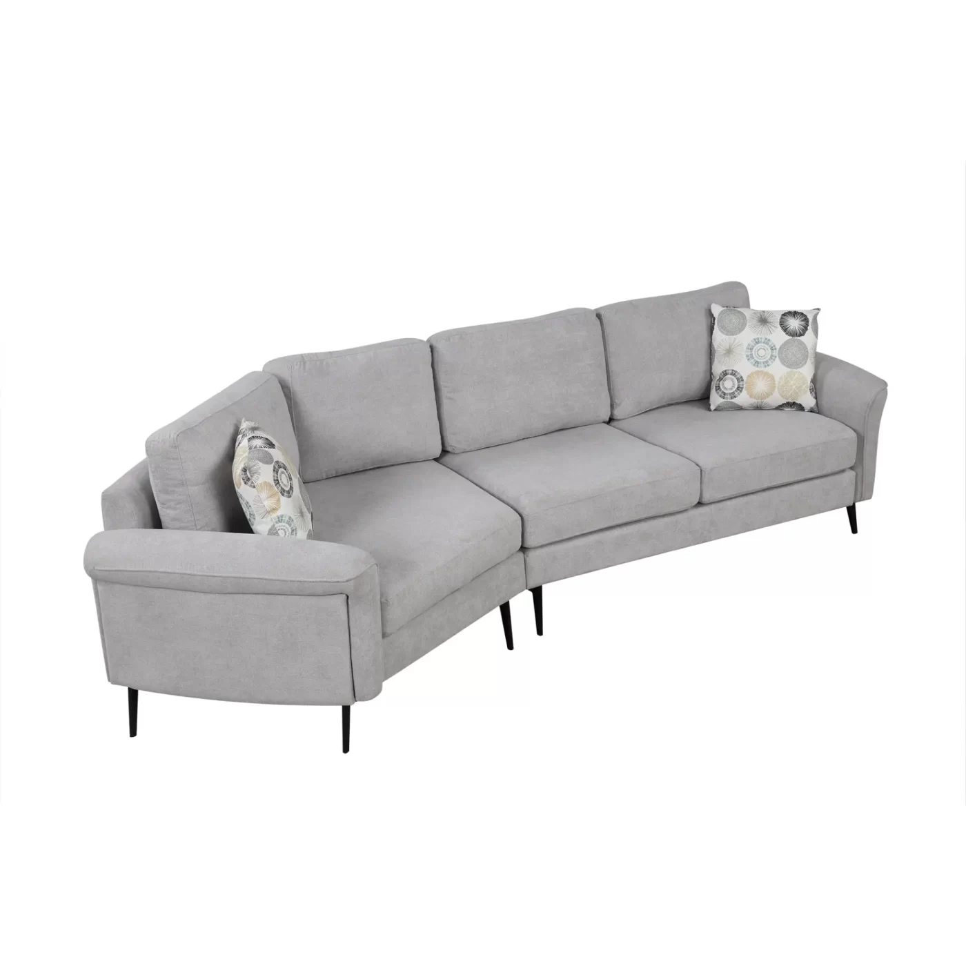 111' Upholstered 3-seater Sofa Curved Sofa Couch with Two Printed Pillows for Living Room, Gray