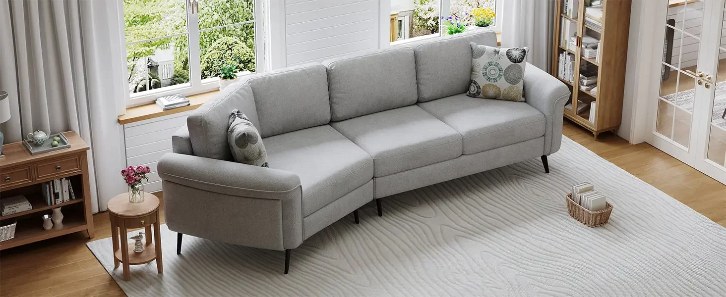 111' Upholstered 3-seater Sofa Curved Sofa Couch with Two Printed Pillows for Living Room, Gray