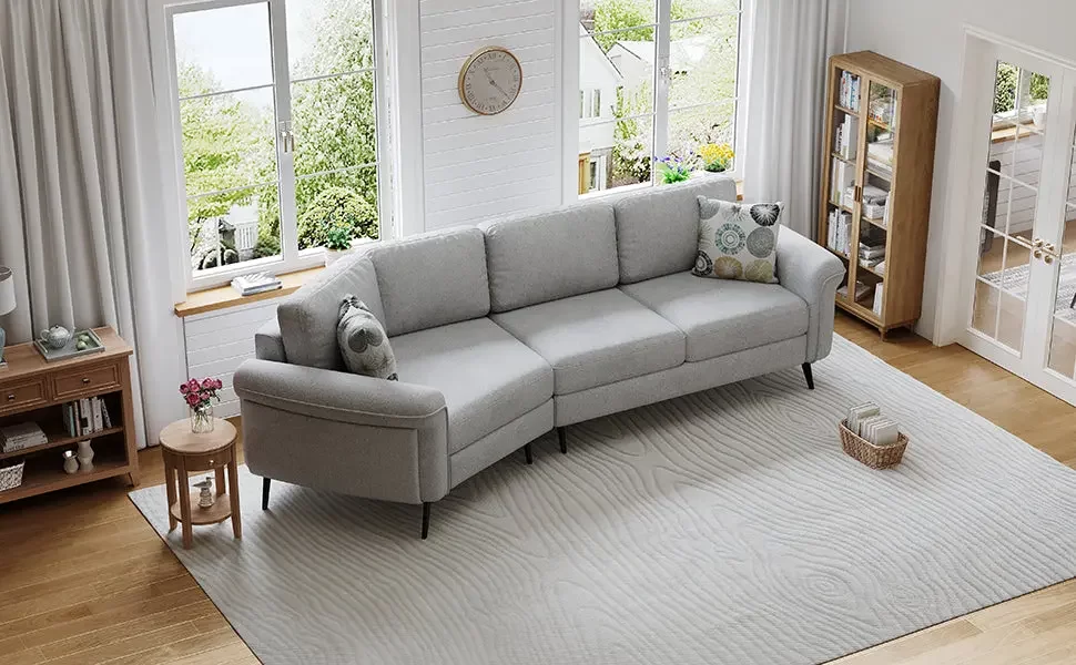 111' Upholstered 3-seater Sofa Curved Sofa Couch with Two Printed Pillows for Living Room, Gray