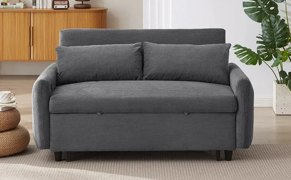 57.48' Pull-out Sofa Bed Convertible Couch 2 Seat Loveseat Sofa Modern Sleeper Sofa with Two Throw Pillows and USB Ports for Living Room, Dark Grey(Old Sku:WF317760AAR)