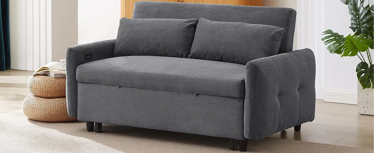 57.48' Pull-out Sofa Bed Convertible Couch 2 Seat Loveseat Sofa Modern Sleeper Sofa with Two Throw Pillows and USB Ports for Living Room, Dark Grey(Old Sku:WF317760AAR)