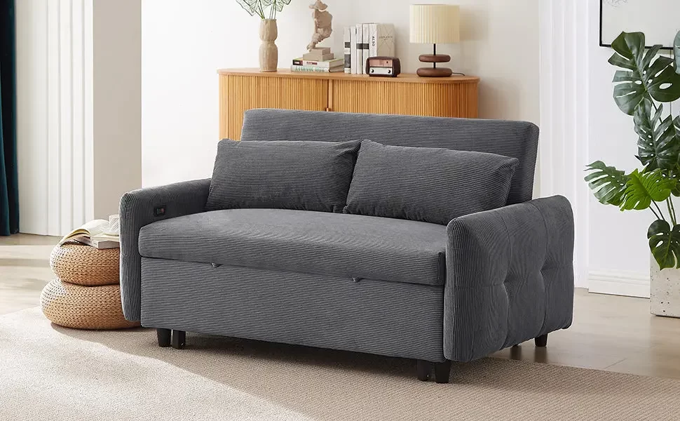 57.48' Pull-out Sofa Bed Convertible Couch 2 Seat Loveseat Sofa Modern Sleeper Sofa with Two Throw Pillows and USB Ports for Living Room, Dark Grey(Old Sku:WF317760AAR)