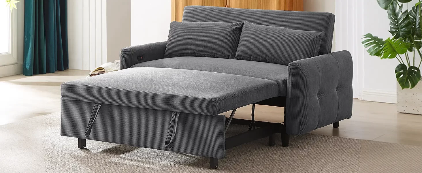 57.48' Pull-out Sofa Bed Convertible Couch 2 Seat Loveseat Sofa Modern Sleeper Sofa with Two Throw Pillows and USB Ports for Living Room, Dark Grey(Old Sku:WF317760AAR)