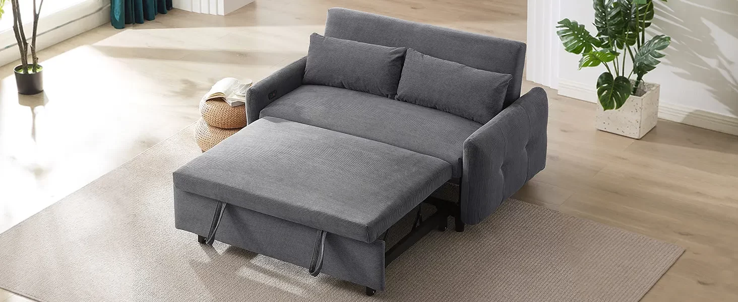 57.48' Pull-out Sofa Bed Convertible Couch 2 Seat Loveseat Sofa Modern Sleeper Sofa with Two Throw Pillows and USB Ports for Living Room, Dark Grey(Old Sku:WF317760AAR)