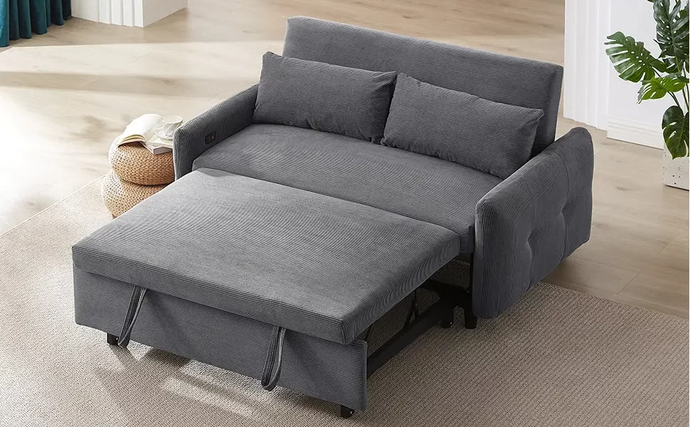 57.48' Pull-out Sofa Bed Convertible Couch 2 Seat Loveseat Sofa Modern Sleeper Sofa with Two Throw Pillows and USB Ports for Living Room, Dark Grey(Old Sku:WF317760AAR)