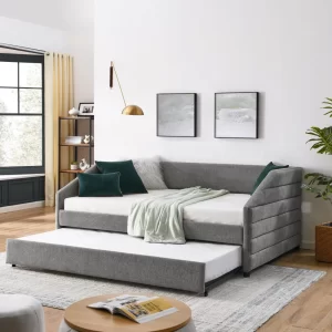 Full Size Daybed with Trundle Upholstered Tufted Sofa Bed, Linen Fabric, Grey (82.5'x58'x34')