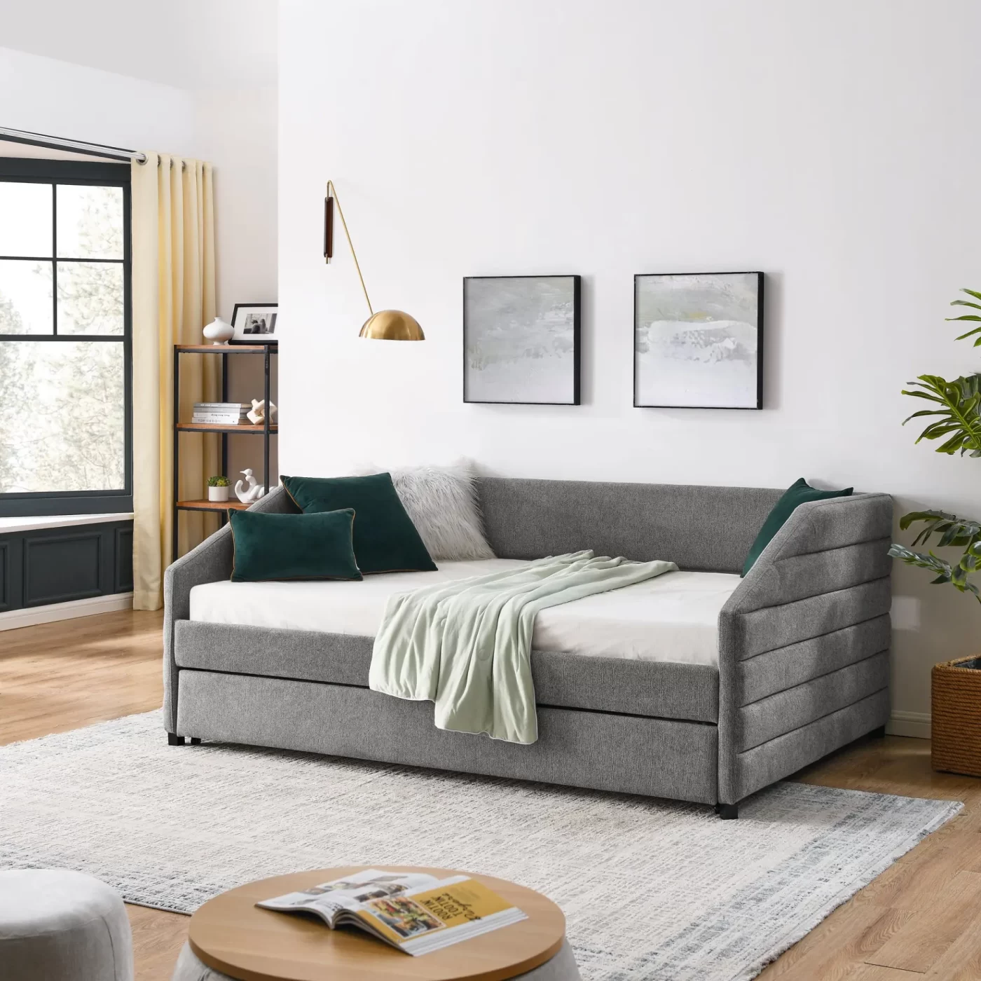 Full Size Daybed with Trundle Upholstered Tufted Sofa Bed, Linen Fabric, Grey (82.5'x58'x34')