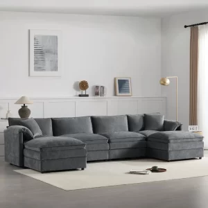 136' Chenille Modular Sectional Sofa with Deep and Wide Seat,U Shaped Cloud Couch Set with Double Cushions,6 Seat Sofa with Movable Ottomans,Oversized Indoor Furniture for Living Room,3 Colors