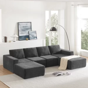 110*72' Modular U Shaped Sectional Sofa with Ottomans,Luxury Cloud Chenille Floor Couch with Deep Seat,No Assembly Required,Fully Compressed Upholstered Sofa for Living Room,Bedroom,3 Colors