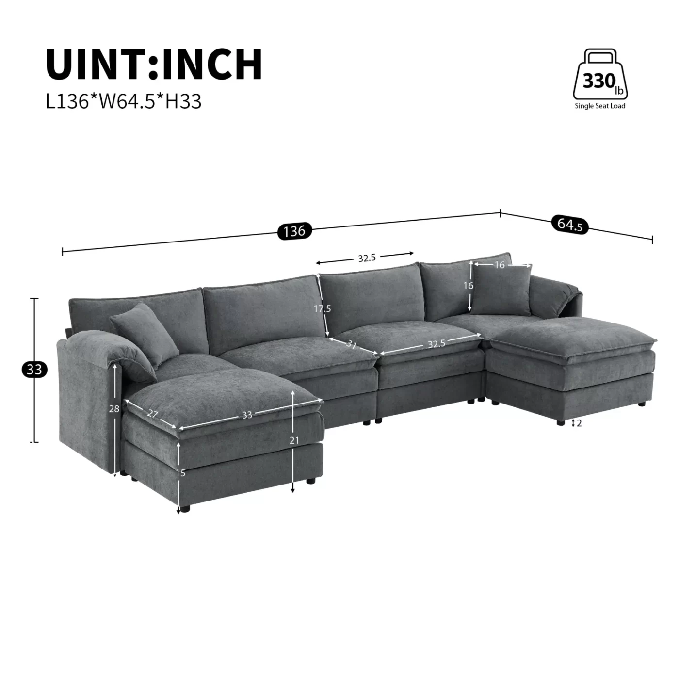 136' Chenille Modular Sectional Sofa with Deep and Wide Seat,U Shaped Cloud Couch Set with Double Cushions,6 Seat Sofa with Movable Ottomans,Oversized Indoor Furniture for Living Room,3 Colors