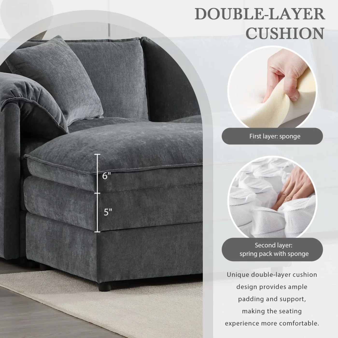 136' Chenille Modular Sectional Sofa with Deep and Wide Seat,U Shaped Cloud Couch Set with Double Cushions,6 Seat Sofa with Movable Ottomans,Oversized Indoor Furniture for Living Room,3 Colors