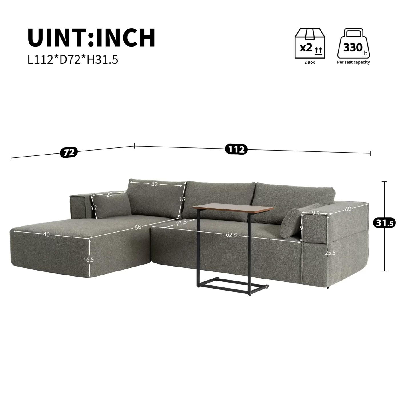112'Modular Sectional Sofa with Free Side Table,Wide Seat,Fully Compressed,Wrinkle-resistant Boucle Fabric Couch with Chaise,Free Combination,L-Shaped Sofa for Living Room,No Assembly Required,3 Color