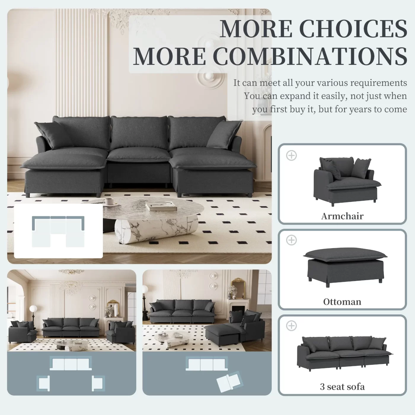 Chenille Sectional Sofa with Ottoman,U Shaped Cloud Sleeper Couch Set with Pillows,Free Combination,5 Seat Modular Upholstered Indoor Furniture for Living Room,Bedroom,Apartment,2 Colors