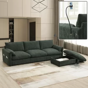 96.5'' Chenille Sectional Sofa with Storage Ottoman and Pockets,Adjustable Phone Holder,Wide Seat,4 Seat L Shaped Couch Set,Comfy Sofa with USB Charger for Living Room,Apartment,3 Colors