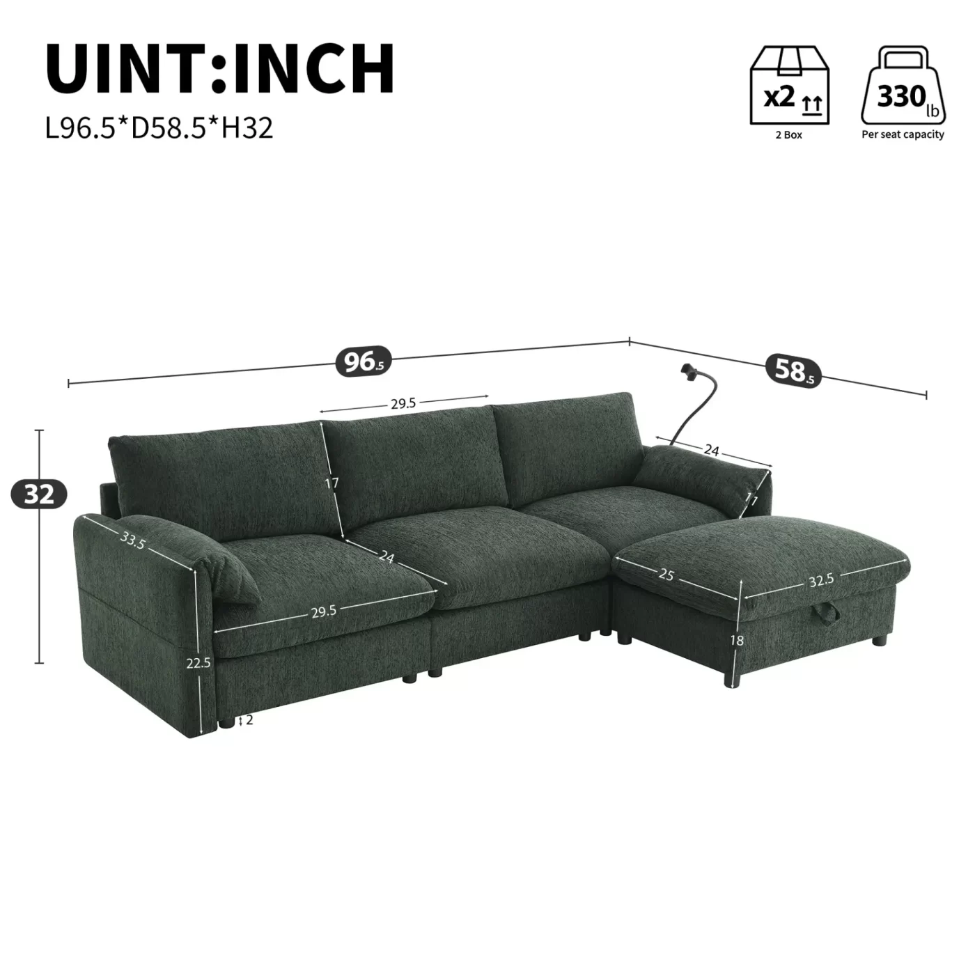 96.5'' Chenille Sectional Sofa with Storage Ottoman and Pockets,Adjustable Phone Holder,Wide Seat,4 Seat L Shaped Couch Set,Comfy Sofa with USB Charger for Living Room,Apartment,3 Colors