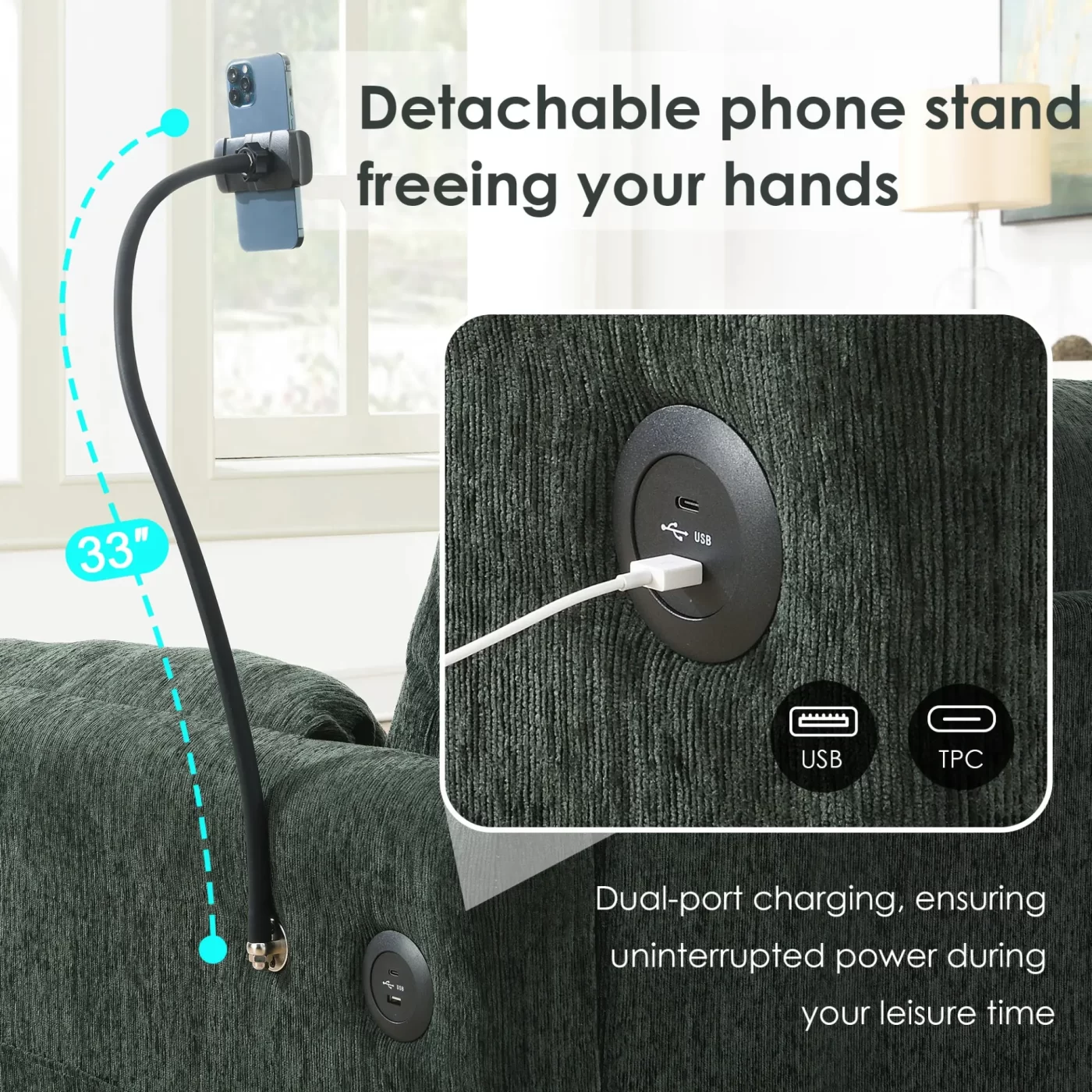 96.5'' Chenille Sectional Sofa with Storage Ottoman and Pockets,Adjustable Phone Holder,Wide Seat,4 Seat L Shaped Couch Set,Comfy Sofa with USB Charger for Living Room,Apartment,3 Colors