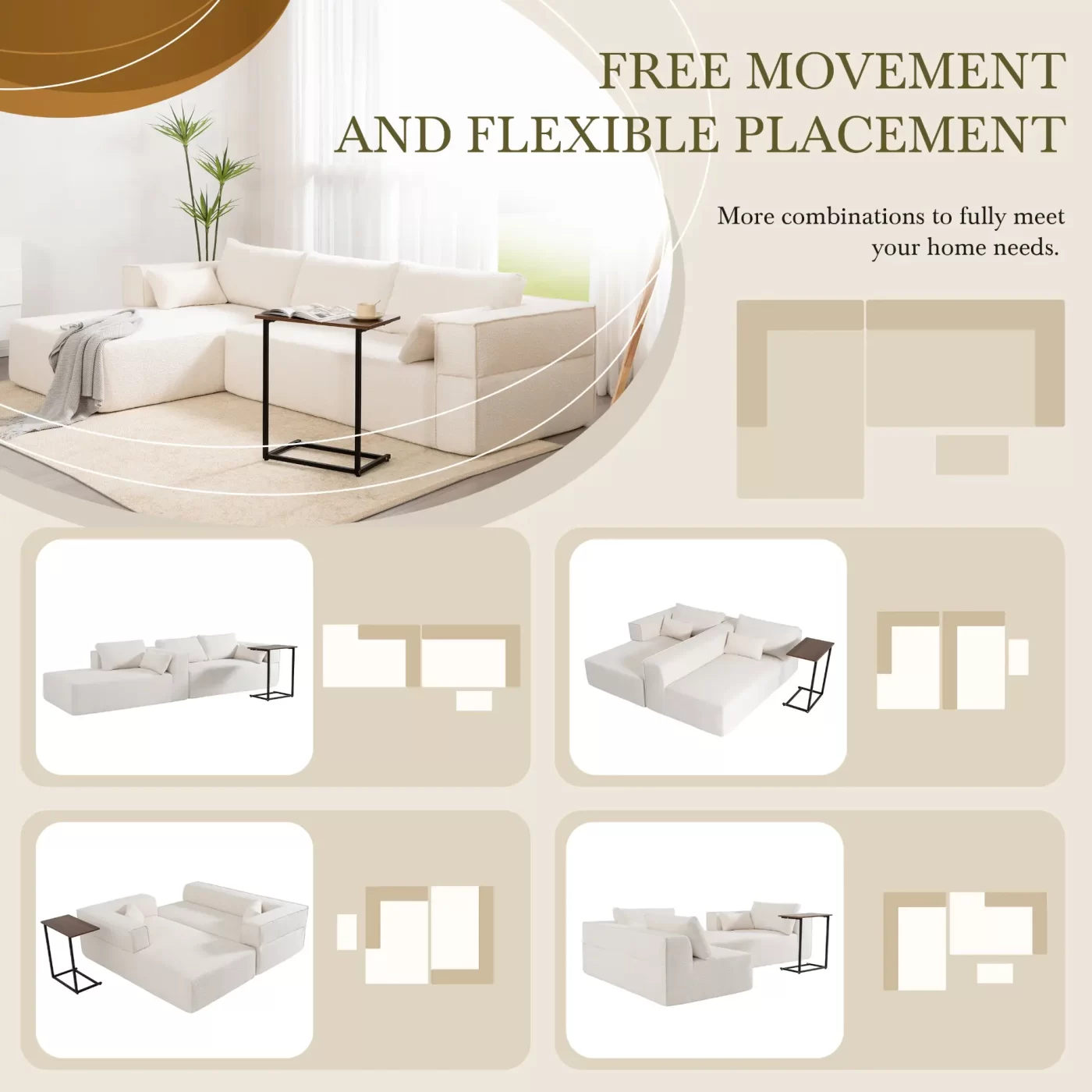 112'Modular Sectional Sofa with Free Side Table,Wide Seat,Fully Compressed,Wrinkle-resistant Boucle Fabric Couch with Chaise,Free Combination,L-Shaped Sofa for Living Room,No Assembly Required,3 Color