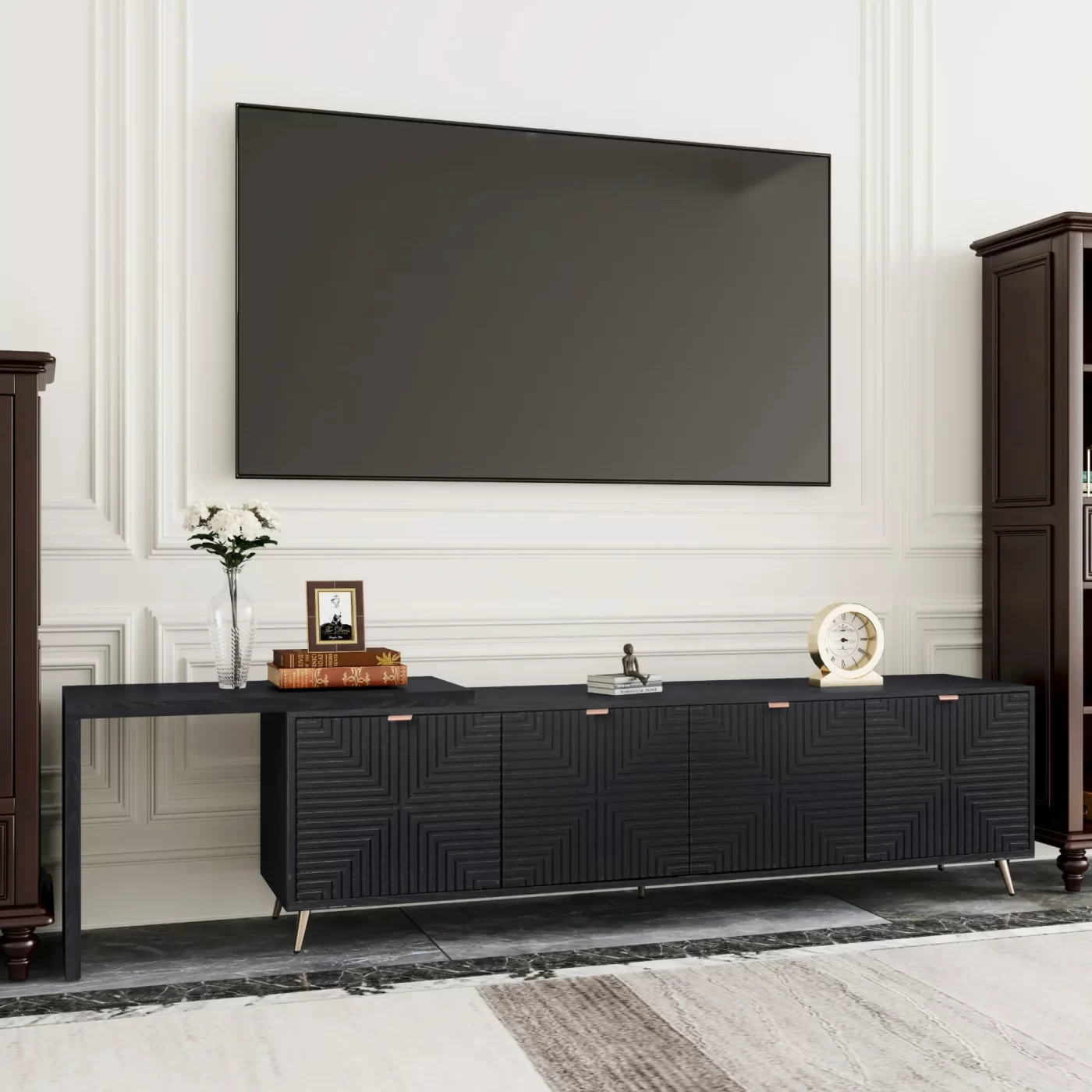 70'-90' Extendable TV Cabinet, Modern Entertainment Center with Storage and Adjustable Shelves, Lacquered and Real Wood Veneered TV Console for Living Room, Hallway, Entryway, Black