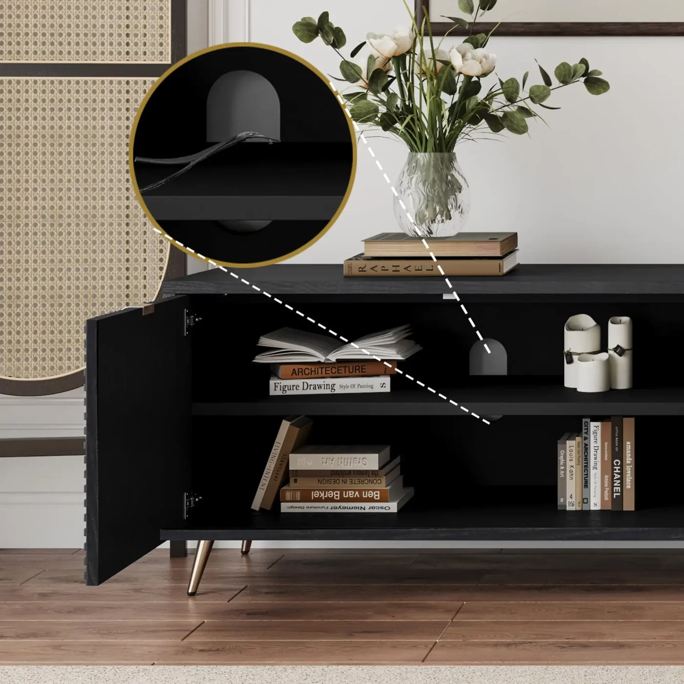 70'-90' Extendable TV Cabinet, Modern Entertainment Center with Storage and Adjustable Shelves, Lacquered and Real Wood Veneered TV Console for Living Room, Hallway, Entryway, Black