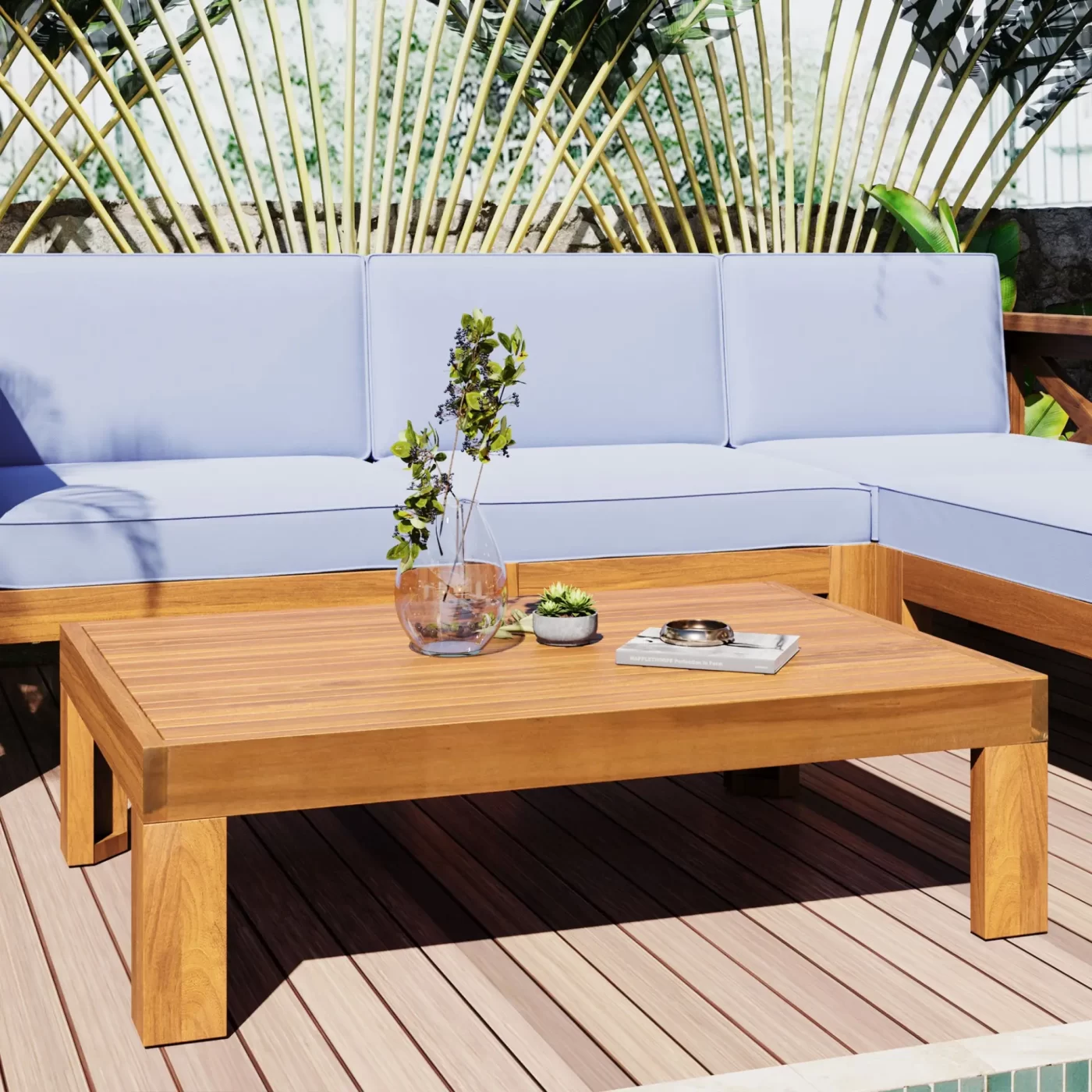 Outdoor Backyard Patio Wood 5-Piece Sectional Sofa Seating Group Set with Cushions, Natural Finish+ Gray Cushions