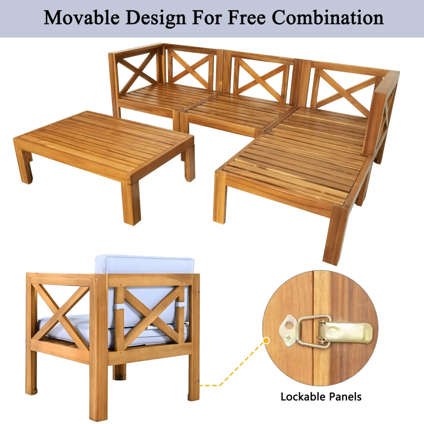 Outdoor Backyard Patio Wood 5-Piece Sectional Sofa Seating Group Set with Cushions, Natural Finish+ Gray Cushions