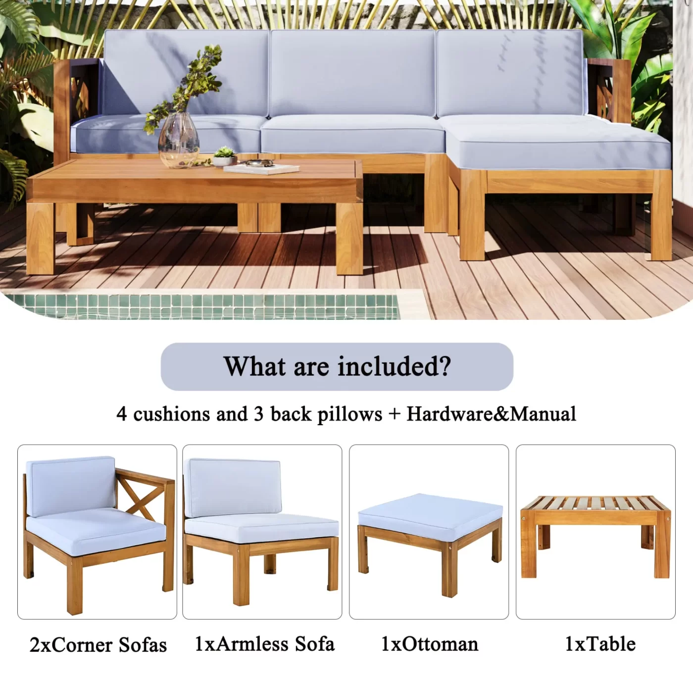 Outdoor Backyard Patio Wood 5-Piece Sectional Sofa Seating Group Set with Cushions, Natural Finish+ Gray Cushions
