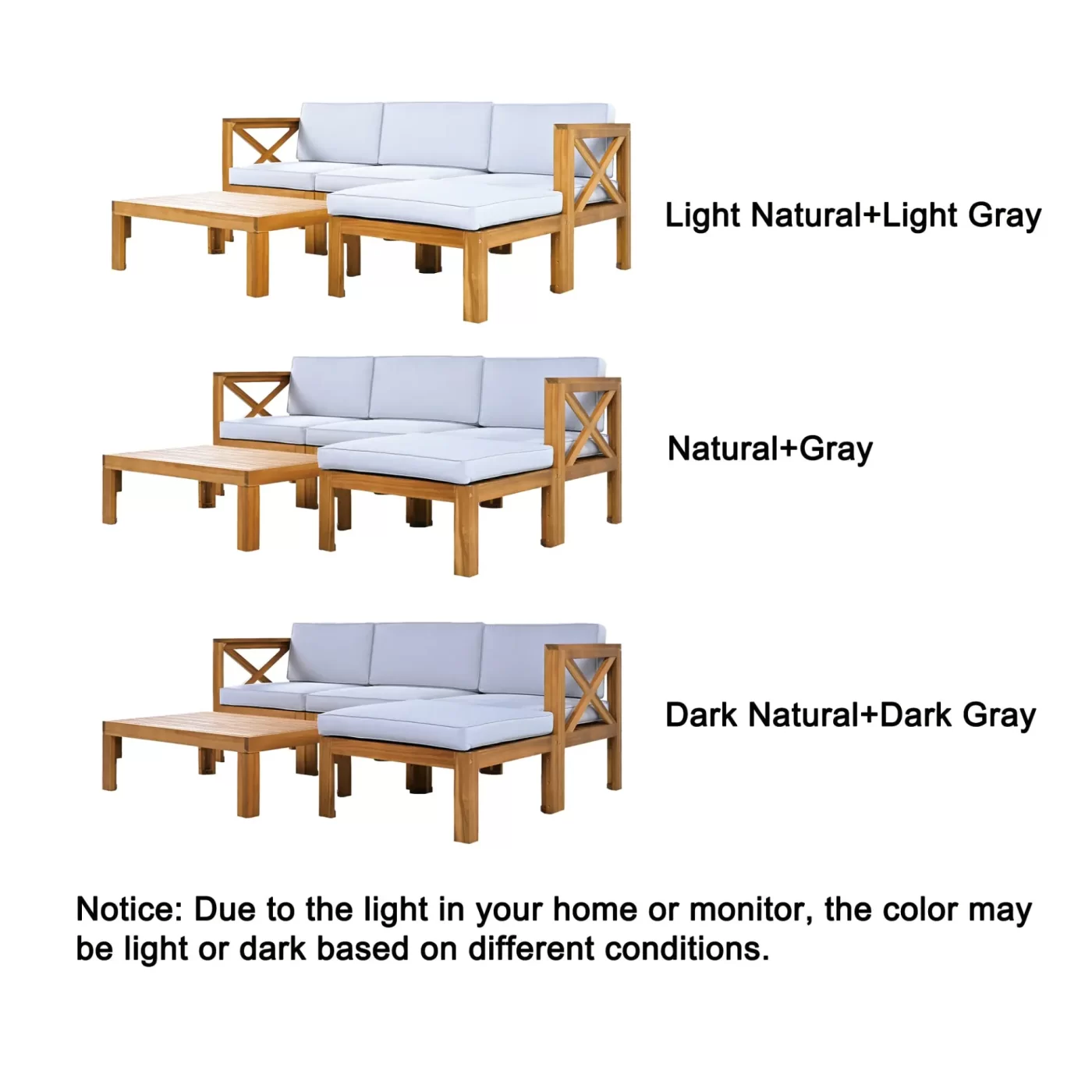 Outdoor Backyard Patio Wood 5-Piece Sectional Sofa Seating Group Set with Cushions, Natural Finish+ Gray Cushions