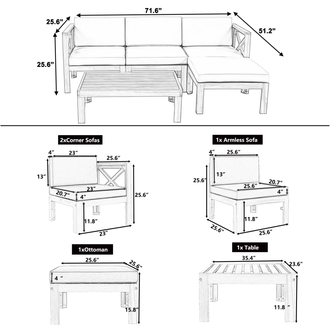 Outdoor Backyard Patio Wood 5-Piece Sectional Sofa Seating Group Set with Cushions, Natural Finish+ Gray Cushions