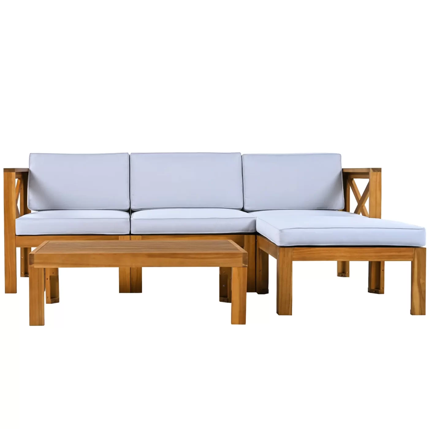Outdoor Backyard Patio Wood 5-Piece Sectional Sofa Seating Group Set with Cushions, Natural Finish+ Gray Cushions